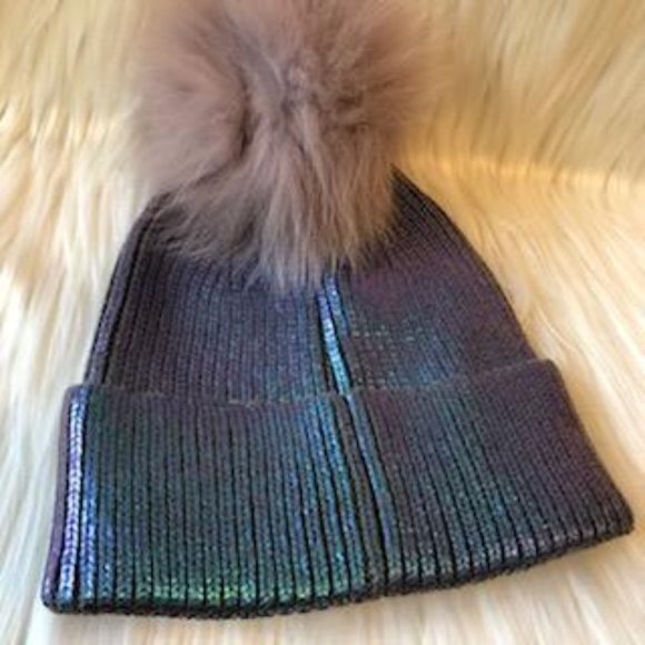 Metallic Knit & Fox Fur PomPom Hat main image 4
